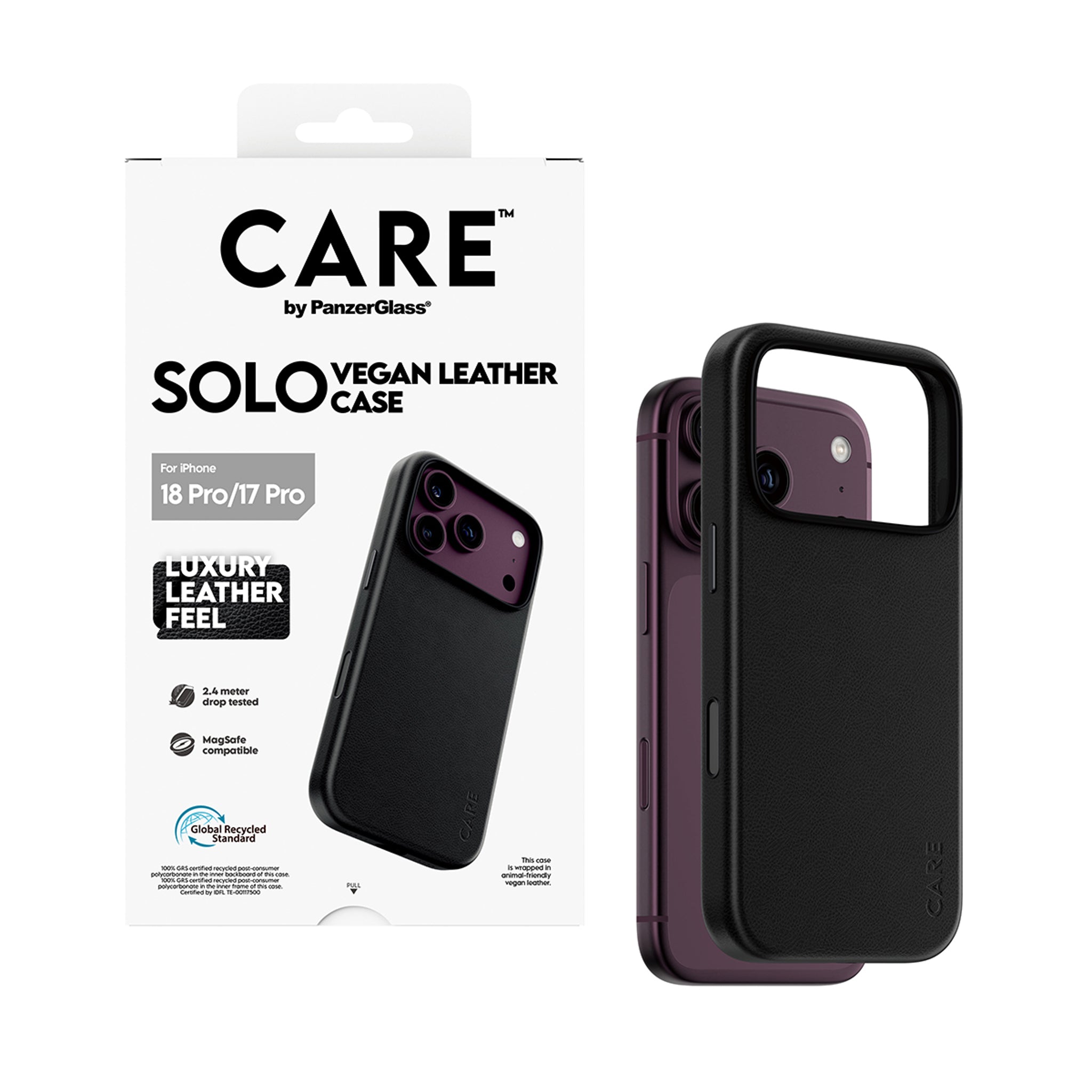 CARE™ by PanzerGlass® Solo Vegan Leather Case Black w. MagSafe iPhone 18 Pro | 17 Pro